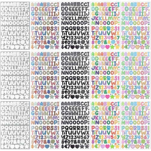REEKNOKOL 15 Bögen Buchstabenaufkleber, Alphabet- und Zahlenaufkleber, Cartoon-Buchstaben- und Zahlenaufkleber, Selbstklebende Buchstabenaufkleber für Dekoration, Basteln und Scrapbook (5 Designs) von REEKNOKOL