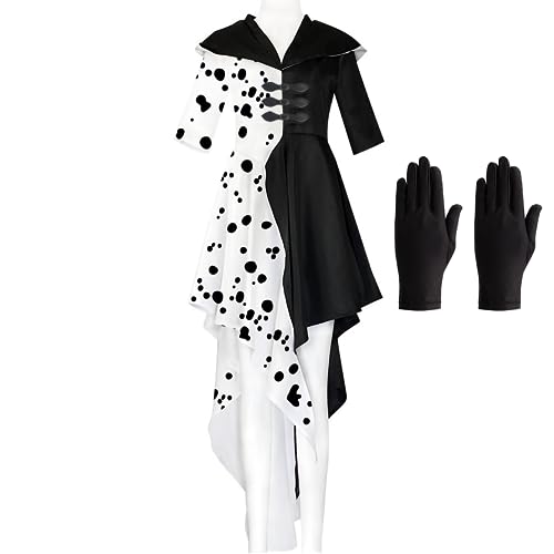 REIWIDE Karneval Cruella Deville Damen Kostüm: Cosplay Hexenkleid Schwarz Weißes Dalmatiner Kleid - für Karneval Halloween Party Dress (M) von REIWIDE