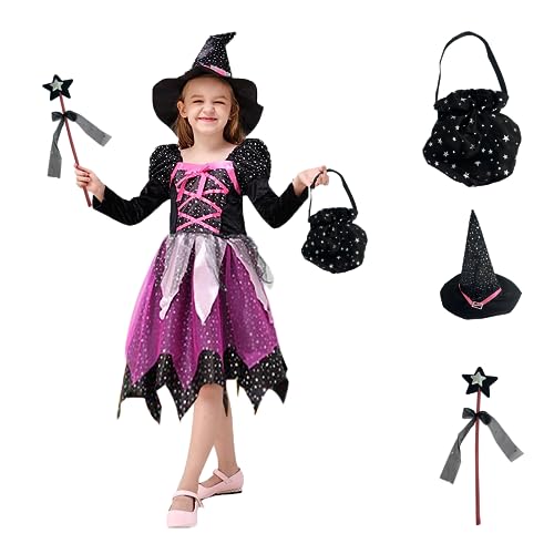 REIWIDE Halloween Kostüm Kinder Mädchen Hexe: Party Hexenkleid Farbe Kleid - Teufel Zauberer Verkleiden Cosplay (Bonbontüte - Zauberstab - Kleidung - Hut) (130) von REIWIDE