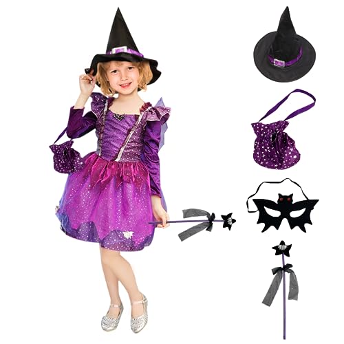 REIWIDE Halloween Mädchen Hexenkostüm Fledermaus Kostüm: Kinder Party Hexe Lila Kleid - Teufel Zauberer Verkleiden Cosplay Kostüm (Bonbontüte - Zauberstab - Kleidung - Hut) (110) von REIWIDE