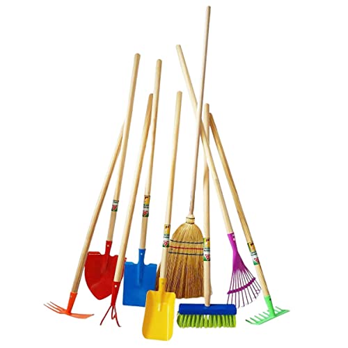 Rekord 300997 Kinder Gartengeräte Set 9-teilig Schaufel, Spaten, Rechen, Besen, Laubbesen, Grubber, Doppelhacke - Metall, Holz-Stiel (76cm) Gartenspielzeug, Kinder-Gartenwerkzeug von REKORD Qualität in Ihrer Hand