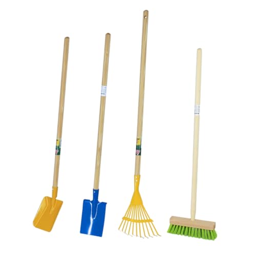 Rekord Kinder Gartengeräte Set 4 TLG. Schaufel (Blau), Rechen (Grün), Besen (Grün), Laubbesen (Gelb) - Metall - Holz-Stiel (76 cm), Gartenspielzeug, Gartenset, Kinder-Gartenwerkzeug von REKORD Qualität in Ihrer Hand