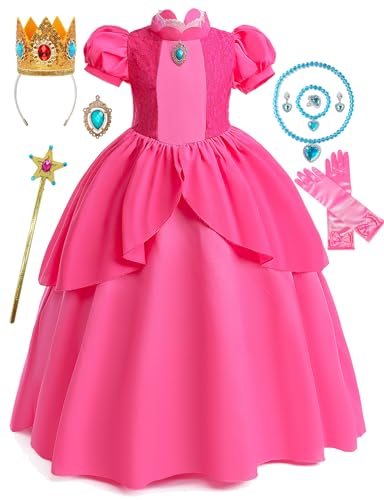 RELARLiYA Pinkes Prinzessinnen-Kostüm für Mädchen, Cosplay, Pfirsichkleid, Halloween, Geburtstag, Party, Verkleidung, Outfit, 5–6 Jahre RELARLiYA Pinkes Prinzessinnen-Kostüm für Mädchen, Cosplay, Pfirsichkleid, Halloween, Geburtstag, Party, Verkleidung, Outfit, 5–6 Jahre von RELARLiYA