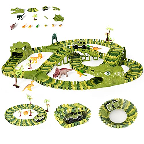 RELAX4LIFE Dinosaurier Autorennbahn Set mit 1 Triebwagen & 8 Dinosaurierspielzeugen & 4 Bäumen, Umwandelbare Weltrennstrecke Spielset mit 240 Stücken, Kinderspielzeug für Jungen & Mädchen ab 3 Jahren von RELAX4LIFE