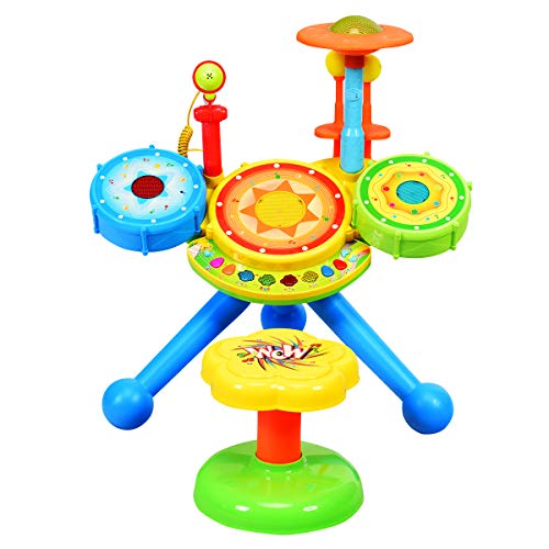 RELAX4LIFE Kinderschlagzeug, Elektronisches Schlagzeug, Trommel mit Sitzhocker & Drumsticks & Mikrofon, Spielzeug für Kleinkinder mit Musik /Leuchteffekten /bilingualem System, für Kinder ab 3 Jahren von RELAX4LIFE