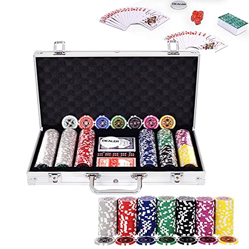 RELAX4LIFE Poker Set, Poker Chip Set mit 300 Pokerchips & 2 Sätze Spielkarten & Händler & 5 Würfel, Kartenspiel für Partys & Picknick & Ausflug, Ink. abschließbares Pokerkoffer aus Alu (Silber) von RELAX4LIFE