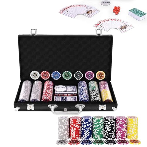 RELAX4LIFE Pokerset Pokerkoffer mit 300 Poker Chips, 2 Kartendecks, Händler & 5 Würfel, Kartenspiel für Partys & Picknick & Ausflug, Ink. abschließbares Poker Koffer aus Alu (Schwarz) von RELAX4LIFE
