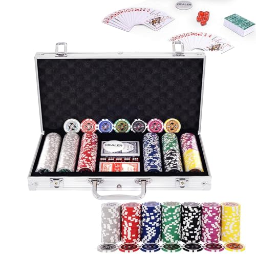 RELAX4LIFE Pokerset Pokerkoffer mit 300 Poker Chips, 2 Kartendecks, Händler & 5 Würfel, Kartenspiel für Partys & Picknick & Ausflug, Ink. abschließbares Poker Koffer aus Alu (Silber) von RELAX4LIFE