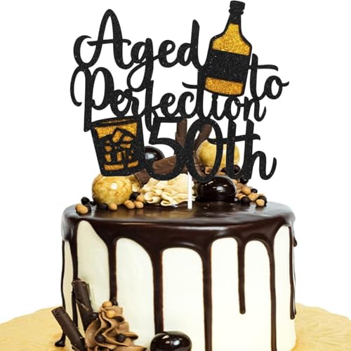 Aged To Perfection 50th Birthday Cake Topper - Wine 50th Birthday Black Glitter Cake Topper - Vintage 1975 Happy 50th Birthday Party Cake Decoration Black and Gold Glitter (50) von REMAX