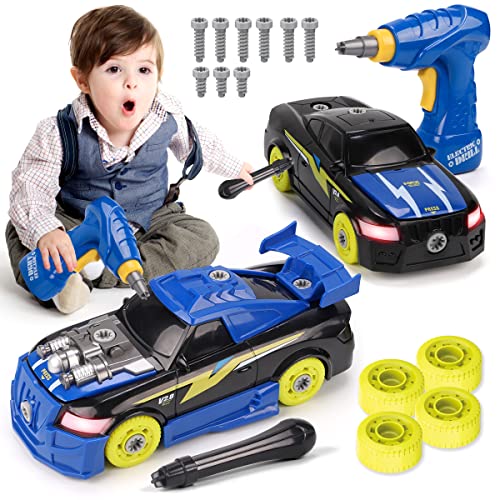 REMOKING Auto Kinder Spielzeug, Feuerwehrauto Spielzeug mit Ton und Licht, Montage Spielzeugautos mit Werkzeug, Kinder Rollenspiel Auto Spielzeug Set, Lernspielzeug für Kinder ab 3 Jahre (Blau) von REMOKING