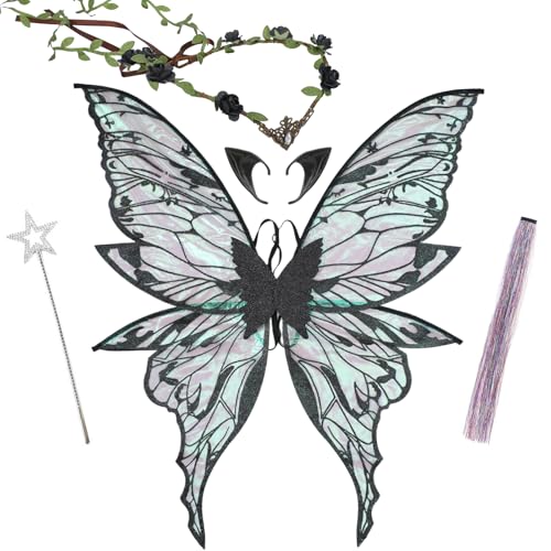 RENEMEGO Feenflügel-Kostüm-Set für Damen, Elfenohren, Schmetterlingsflügel, Blumenkrone, Feenhaar, Lametta, Stern, Zauberstab für Damen, Erwachsene, Renaissance, Renfaire, Halloween, Abschlussball von RENEMEGO