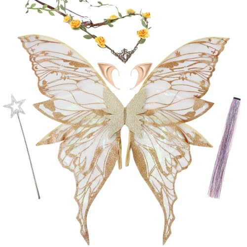 RENEMEGO Feenflügel-Set für Damen und Erwachsene, goldfarben, Schmetterlingsflügel, Elfenohren, Blumenkrone, Feenhaar, Lametta, Stern, Zauberstab für Damen, Erwachsene, Halloween, Renaissance von RENEMEGO