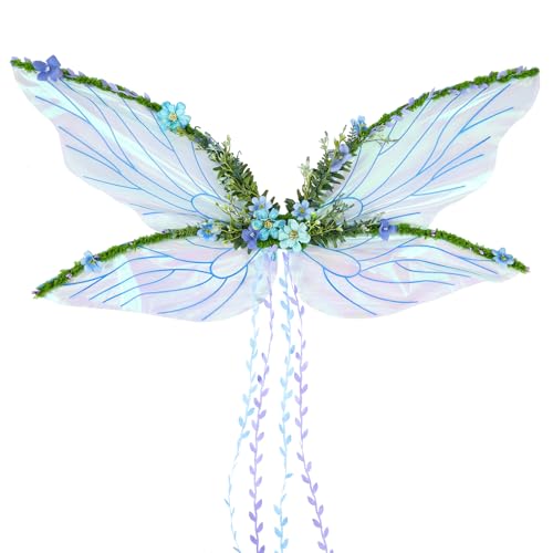 RENEMEGO Feenflügel für Damen und Erwachsene, Mutter-Natur-Kostüm, Schmetterlingsflügel für Renaissance, Halloween, Renfaire, Fantasy, Cosplay, Blau, Einheitsgröße von RENEMEGO