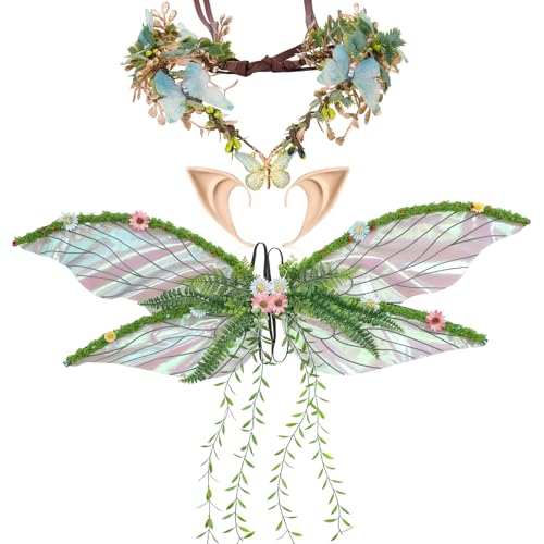 RENEMEGO Grünes Feenflügel-Set – Elfenohren, Schmetterling, Blumenkrone, Elfenflügel mit Blättern, Mutter-Natur-Kostüm für Erwachsene, Damen, Renaissance, Renfaire, Wald, Halloween, Cosplay-Zubehör, 3 von RENEMEGO