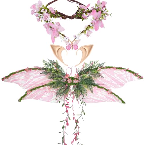 RENEMEGO Pinkes Feenflügel-Set für Damen – 3-teiliges Schmetterlingsblumenkrone, Elfenohren, Elfenflügel mit Blättern und Ranken, Mutter-Natur-Kostüm für Erwachsene, Renaissance-Renfaire RENEMEGO Pinkes Feenflügel-Set für Damen – 3-teiliges Schmetterlingsblumenkrone, Elfenohren, Elfenflügel mit Blättern und Ranken, Mutter-Natur-Kostüm für Erwachsene, Renaissance-Renfaire von RENEMEGO