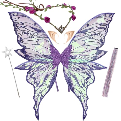 RENEMEGO Violettes Feenflügel-Set für Damen, Elfenohren, Blumenkrone, Schmetterlingsflügel, Feenhaar, Lametta, Stern, Zauberstab für Erwachsene, Halloween, Renaissance, Renfaire, Verkleidung, Party RENEMEGO Violettes Feenflügel-Set für Damen, Elfenohren, Blumenkrone, Schmetterlingsflügel, Feenhaar, Lametta, Stern, Zauberstab für Erwachsene, Halloween, Renaissance, Renfaire, Verkleidung, Party von RENEMEGO