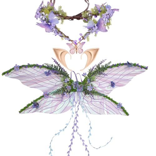 RENEMEGO Violettes Feenflügel-Set für Erwachsene, Elfenohren, Elfenflügel mit Blättern, Schmetterling, Blumenkrone, Mutter, Natur, Kostüm für Erwachsene, Renaissance, Renfaire, FairyCore, Cosplay RENEMEGO Violettes Feenflügel-Set für Erwachsene, Elfenohren, Elfenflügel mit Blättern, Schmetterling, Blumenkrone, Mutter, Natur, Kostüm für Erwachsene, Renaissance, Renfaire, FairyCore, Cosplay von RENEMEGO