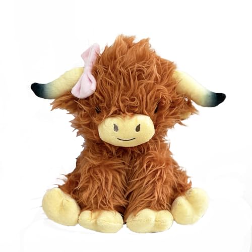 REOZIGN Highland Cow Plüsch, rosa Bow Highland Cow Plüschpuppen, kurz, 24 cm, handgefertigt, PP-Baumwolle, Anime, Spiel, Büro, Geschenke von REOZIGN