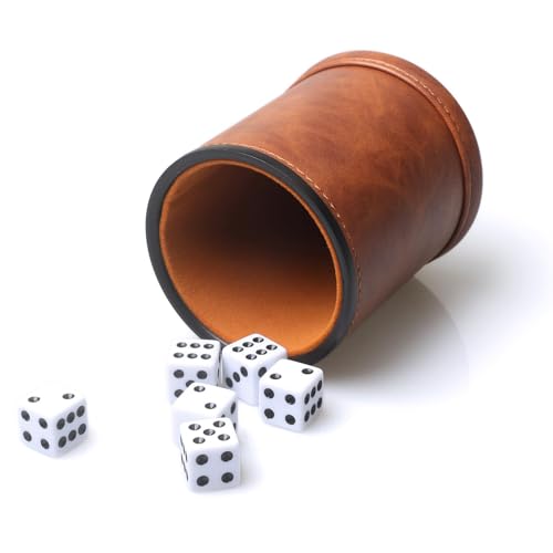 RERIVER Braunes Würfelbecher-Set aus PU-Leder, mit Filz ausgekleideter Würfelstreuer mit 6 Würfeln für Liars Farkle Yahtzee Spiel RERIVER Braunes Würfelbecher-Set aus PU-Leder, mit Filz ausgekleideter Würfelstreuer mit 6 Würfeln für Liars Farkle Yahtzee Spiel von RERIVER