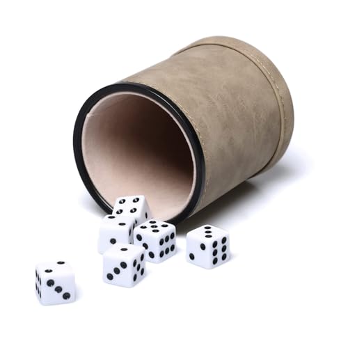 RERIVER Braunes Würfelbecher-Set aus Wildlederimitat, mit Filz ausgekleidetes PU-Leder, Würfelstreuer mit 6 Würfeln für Liars Farkle Yahtzee Spiel von RERIVER