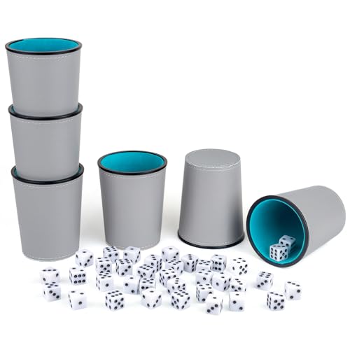 RERIVER Filzgefüttertes Würfelbecher-Set aus PU-Leder, 6 leise Würfelbecher mit 36 Würfeln für Bar-Party, Yahtzee Farkle-Würfelspiele, Grau und Blau von RERIVER