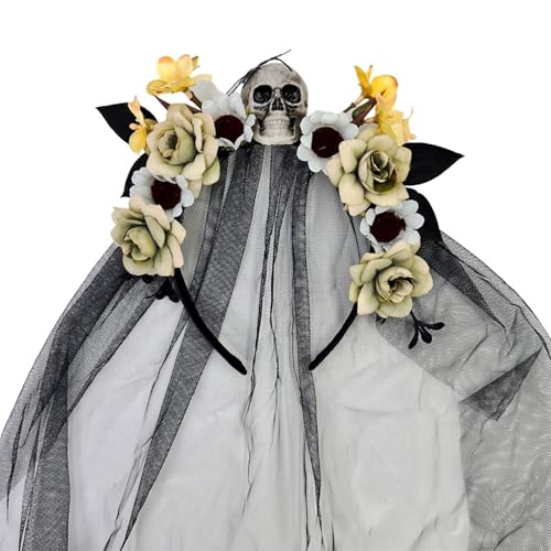 RETUOLWAG Bequeme Hexenkopfbedeckung mit Totenkopf-Blumen-Haarband mit dekorativem Schleier für Halloween, Partys, Versammlungen, Cosplay, Events, Halloween-Zubehör RETUOLWAG Bequeme Hexenkopfbedeckung mit Totenkopf-Blumen-Haarband mit dekorativem Schleier für Halloween, Partys, Versammlungen, Cosplay, Events, Halloween-Zubehör von RETUOLWAG