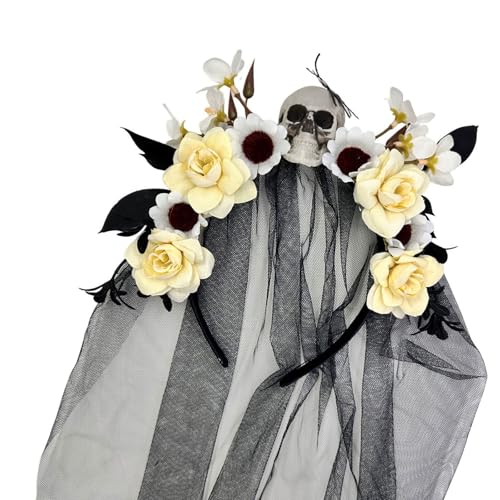 RETUOLWAG Bequeme Hexenkopfbedeckung mit Totenkopf-Blumen-Haarband mit dekorativem Schleier für Halloween, Partys, Versammlungen, Cosplay, Events, Halloween-Zubehör RETUOLWAG Bequeme Hexenkopfbedeckung mit Totenkopf-Blumen-Haarband mit dekorativem Schleier für Halloween, Partys, Versammlungen, Cosplay, Events, Halloween-Zubehör von RETUOLWAG