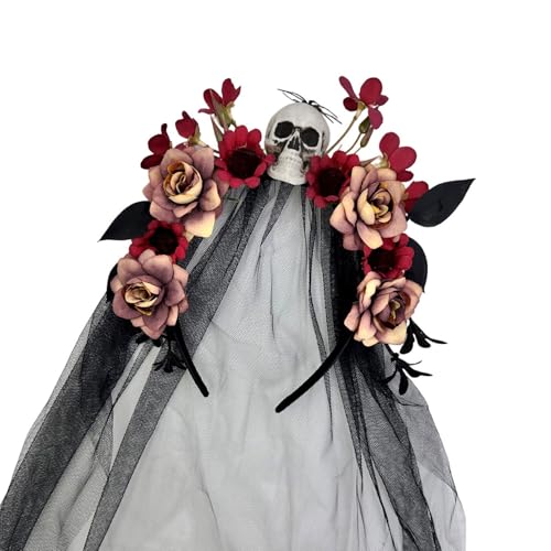RETUOLWAG Bequeme Hexenkopfbedeckung mit Totenkopf-Blumen-Haarband mit dekorativem Schleier für Halloween, Partys, Versammlungen, Cosplay, Events, Halloween-Zubehör von RETUOLWAG