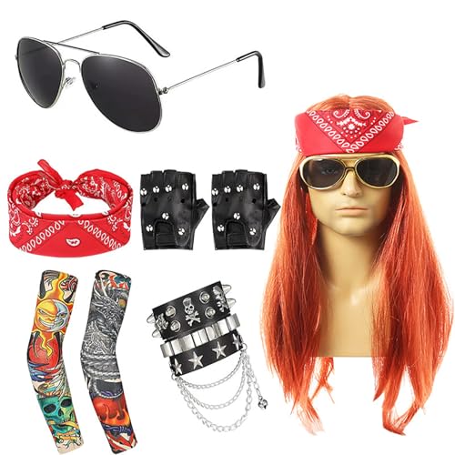 RETUOLWAG Fancy Hippie Perücken Rocker Set für Cosplays Party Fancy Dress Up Rocker Perücken Set 80er Jahre Lustiges Rocker Star Kostüm Zubehör von RETUOLWAG