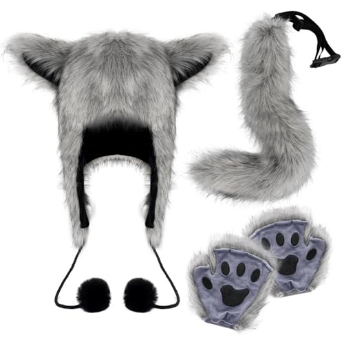RETUOLWAG Fuchs Kostüm Set Tierhut Pelzhandschuhe Tierschwanz Halloween Kostüm Set Plüschmütze Füchse Schwanz für Karneval von RETUOLWAG