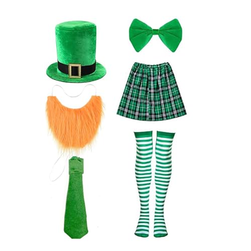 RETUOLWAG Irisches Festival-Barkeeper-Outfit, Accessoire für Herren, Cosplay, mit Patricks-Day-Hut, Rock, Krawatte, realistischer Bartstrumpf von RETUOLWAG
