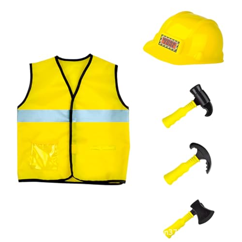 RETUOLWAG Kinderbuilder Arbeiter Kostüm Halloween Feuerwehrmann Outfits Mit Rollenspielwerkzeugzubehör Für 3-12 Jungen Mädchen Kinder Rollenspiel Kostüm von RETUOLWAG