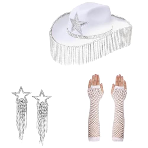 RETUOLWAG Roleplay Cowboyhut für Damen, Western-Stil, Hut, Armärmel, Sternform, Ohrringe, Junggesellinnenabschied, Kostüm von RETUOLWAG