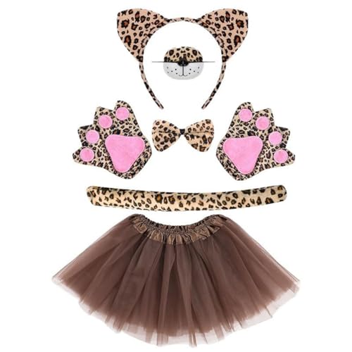 Geparden-Kostüm-Set für Kinder, Leopardenohren, Stirnband, Schwanz und Fliege, Mund, Tutu, Rock, Handschuh, Tier-Kostüm, Zubehör für Halloween, Tiere, Cosplay, 6-teilig Geparden-Kostüm-Set für Kinder, Leopardenohren, Stirnband, Schwanz und Fliege, Mund, Tutu, Rock, Handschuh, Tier-Kostüm, Zubehör für Halloween, Tiere, Cosplay, 6-teilig von RETZLA