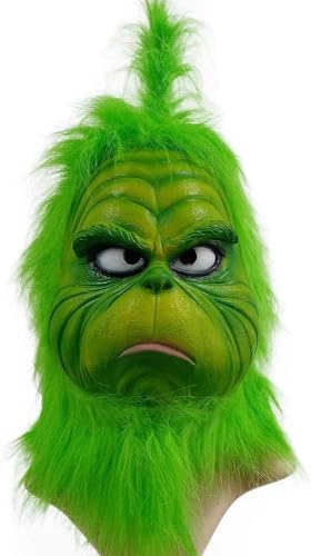 Green Monster Vollkopf-Latex-Maske mit grünem Pelz für Weihnachten, grünes Monster, Deluxe, Cosplay, Halloween, Party-Requisiten von REVYV