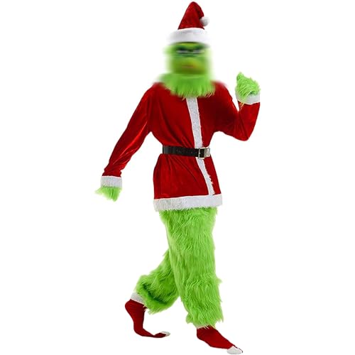 REVYV 7-teiliges grünes Monster-Kostüm-Set für Weihnachten, Deluxe-Weihnachtsmann-Anzug für Erwachsene, Weihnachten, Cosplay, Maskerade, Party-Outfits (L) von REVYV