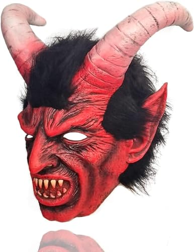 REVYV Gruselige Luzifer Latexmaske Horn Roter Teufel Dämon Krampus Cosplay Ziege Kopfbedeckung Halloween Weihnachten Party Requisiten für Erwachsene von REVYV