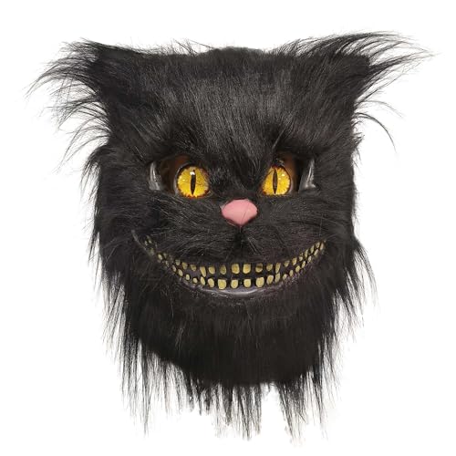 REVYV Pelzige Vollkopf-Katzenmaske, Latex, niedlicher Plüschhelm, Halloween, Cosplay, Party, Kostüm, Requisiten (schwarz) von REVYV