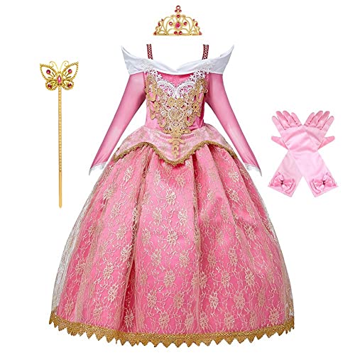 REXREII Mädchen Prinzessin Dornröschen Kostüm Verkleidung Spitze Kleid Halloween Cosplay Weihnachten Party Geburtstag Kleid mit Zubehör 9-10T von REXREII