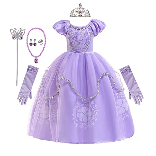 REXREII Mädchen Rapunzel Prinzessin Sofia Kostüm Verkleidung Halloween Weihnachten Party Geburtstag Abend Ballkleid mit Handschuhen Zubehör 3-4T von REXREII