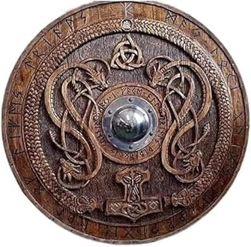 REXRYZ Mittelalterliches Wikingerschild für Cosplay, Rollenspiel, Wikinger mit geschnitzten nordischen Runenornamenten, Kampfgeschild, Holzschild, authentischer Wikingerschild, Kampfbereiter von REXRYZ