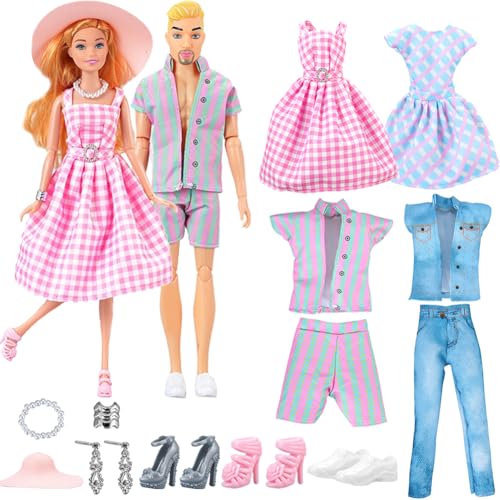 4pcs Puppenkleidung und Zubehör, Mode Junge Mädchen Puppe Dress Up, Rosa und weiß Karierten Kleid für Barbie mit Hut und Schuhe Kinder Geburtstag Spielzeug für alle Altersgruppen von REYOK