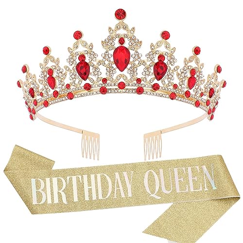 Damen Geburtstag Tiara und Schärpe Rot Krone Dekoration Schärpe Mädchen Birthday Queen Schärpen Hochzeit Braut Tiara Stirnband Kristall Strass Prinzessin Tiara Krone mit Kamm für Geburtstag Party von REYOK
