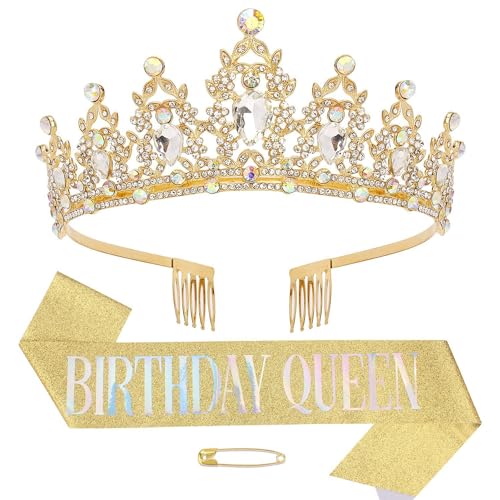 Geburtstag Tiara und Schärpe Mädchen Krone Dekoration Schärpe Birthday Queen Schärpen Hochzeit Braut Tiara Stirnband Kristall Strass Prinzessin Tiara Krone Crown mit Kamm für Geburtstag Party Gold von REYOK