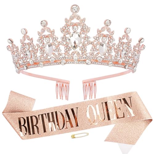 Geburtstag Tiara und Schärpe Mädchen Krone Dekoration Schärpe Birthday Queen Schärpen Hochzeit Braut Tiara Stirnband Kristall Strass Prinzessin Tiara Krone mit Kamm für Geburtstag Party Roségold von REYOK