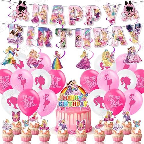 REYOK Geburtstag Deko Barbi 37 Pcs Rosa Party Supplies,Happy Birthday Banner Barbi Deko Geburtstag Ballon Cake Topper, Barbi Prinzessinnen Geburtstagsdeko,Mädchen Geburtstag Dekorationen von REYOK
