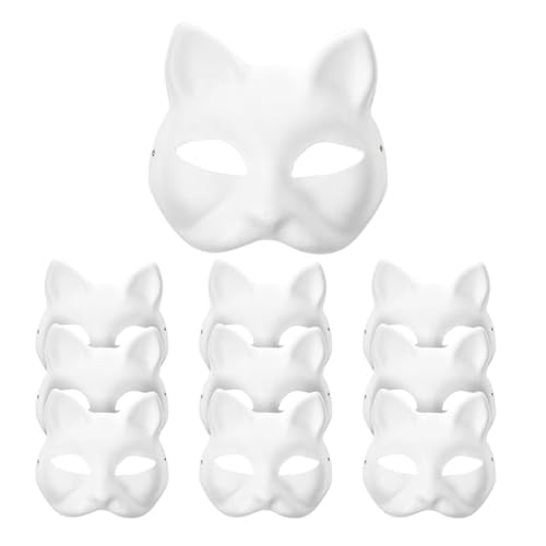 REYOK Katze Gesichtsmaske,10 Stück DIY White Katzengesicht Leeres Hand Bemalten Maske,Halloween Maskerade Kostüm Cosplay Maske für Kinder Erwachsene Gesichtsmaske Tier Party von REYOK