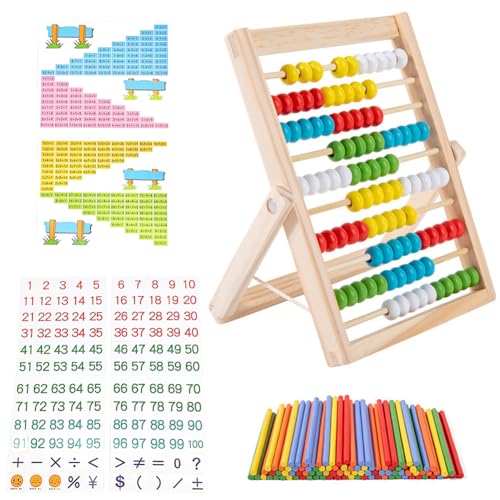 Rechenschieber Grundschule, Kinder Rechenschieber Rechenrahmen Abakus, Rechenhilfe mit 100 Perlen/Zählstäbchen/Digitale Karten, Zählen und Rechnen Hölzerne Abakus für ab 3 Jahren, Lernspielzeug von REYOK