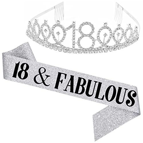 REYOK Silber Schärpe und Diadem zum 18. Geburtstag, Silver 18 Kristalle Strass-Krone, Stirnband als Geschenk, Geburtstagsfeier, Mädchen, Frauen, Dekoration von REYOK