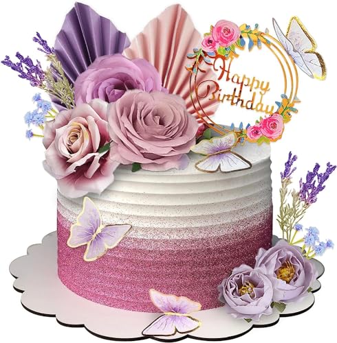 Schmetterling Kuchen Deko Boho Palmblätter Kuchen Topper Künstliche Blumen Kuchen Dekorationen für DIY Geburtstag Party Hochzeit Valentinstag von REYOK